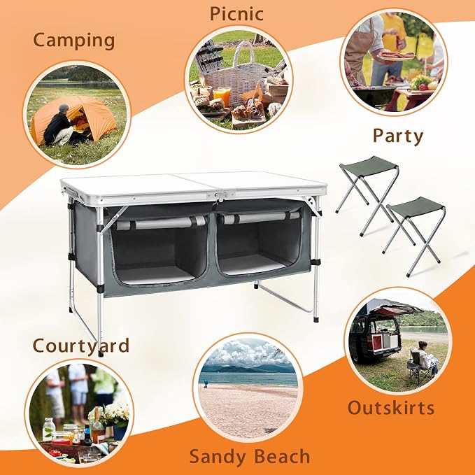 CampLand Outdoor Folding Table Aluminum Lightweight Height Adjustable with Storage Organizer for BBQ, Party, Camping