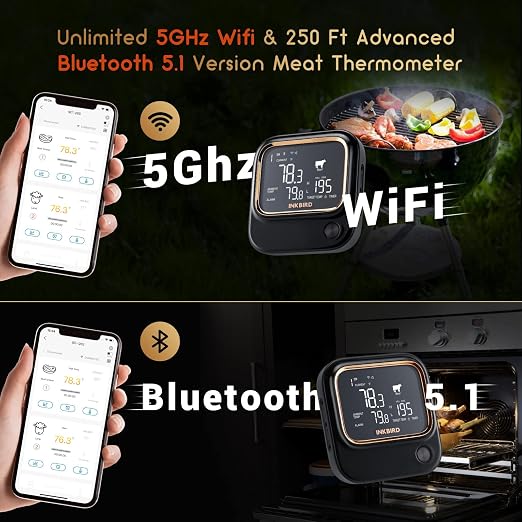 INKBIRD 5GHz/2.4GHz WiFi & Bluetooth 5.1 Meat Thermometer, 6 Probes WiFi Meat Thermometer for Smoking Grilling Wireless Meat Probe for BBQ Oven