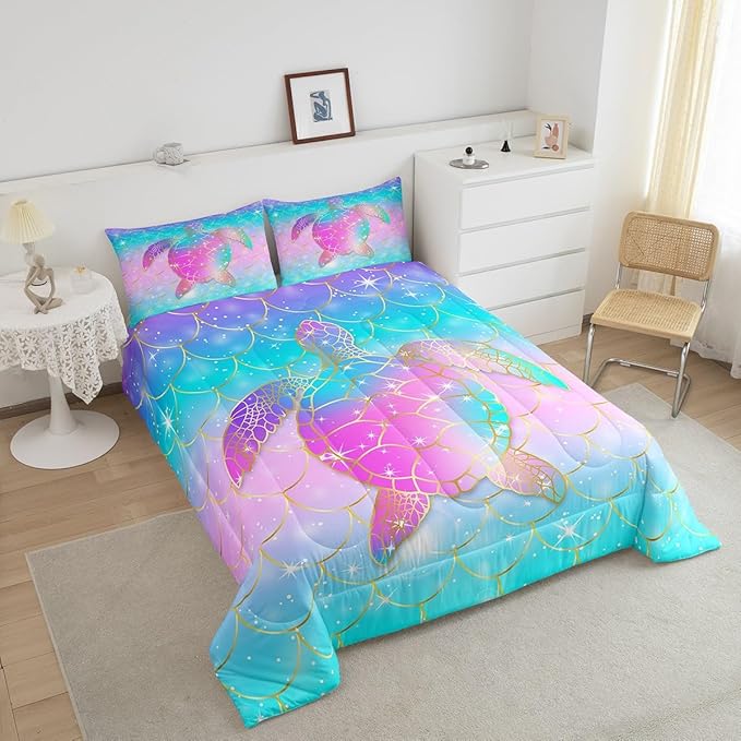 Erosebridal Mermaid Scales Comforter Set for Girls, Tortoise Reptile Bedding Set Twin Size, Sea Turtle Ocean Life Duvet Sets for Kids Children Boys Women, Sweet Girly Down Comforter, Teal Blue