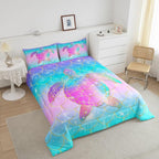 Erosebridal Mermaid Scales Comforter Set for Girls, Tortoise Reptile Bedding Set King Size, Sea Turtle Ocean Life Duvet Sets for Kids Children Boys Women, Sweet Girly Down Comforter, Teal Blue