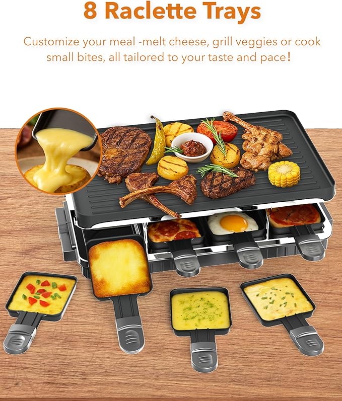 HBN Electric Raclette Table Grill with 8 Warming Trays, 2-in-1 Korean BBQ Grill & Electric Griddle Nonstick, Adjustable Temperature Control,1300W, Great for Indoor Family Gatherings, Parties & Dining