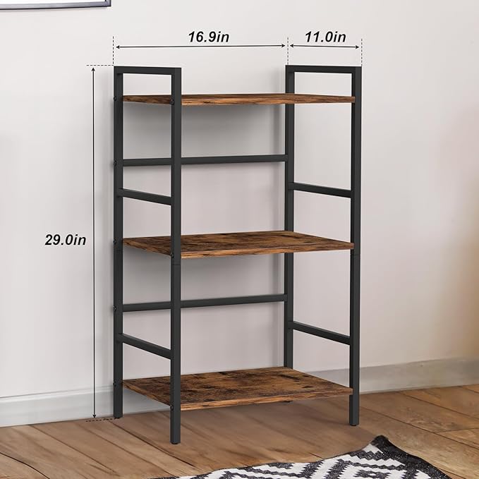 CADUKE 3 Tier Bookshelf Industrial Small Bookcase Wood and Metal Book Shelf Rustic Etagere Bookshelf Brown Bookshelves with Storage for Home Office Living Room Bedroom