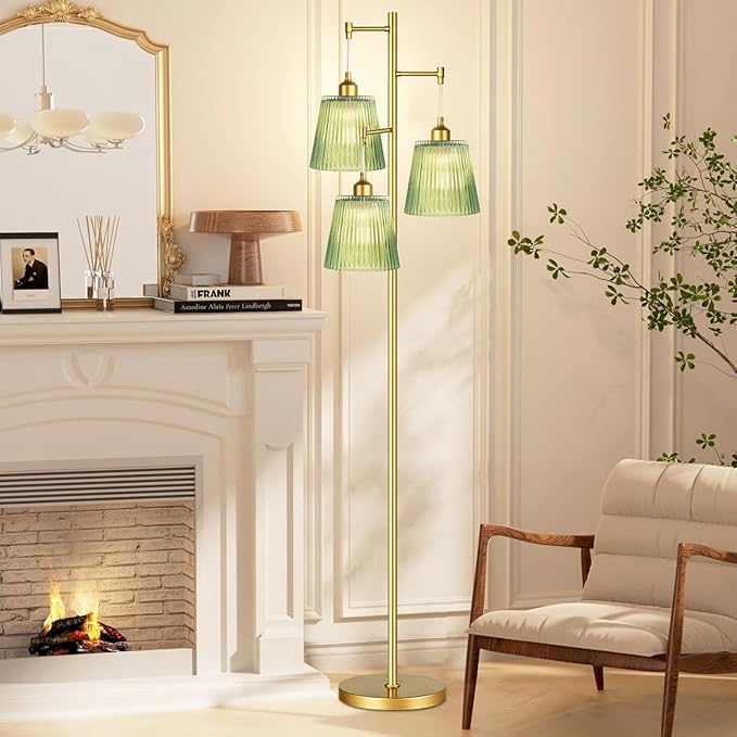 Gold Floor Lamp for Living Room,Bedroom,Mid Century Modern Standing Lamp Brass Tree 3 Light Tall Floor Lamps Vintage Retro Floor Lights Glass Green Flower Lamp Shade Farmhouse Boho Bohemian