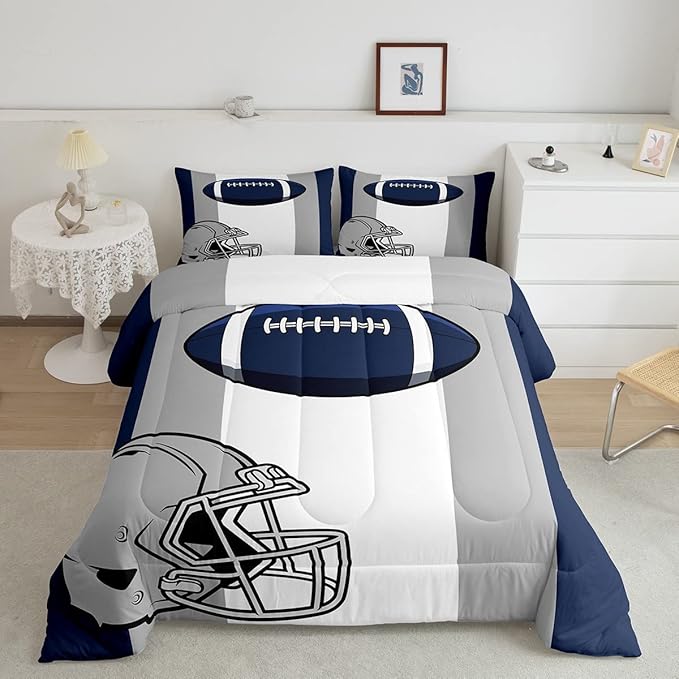 Feelyou Kids Football Comforter Set Twin Size Rugby Sports Bedding Set for Boys Teens Decor Soccer Ball Game Comforter American Football Grey Blue Duvet Set Quilt 2Pcs Boys