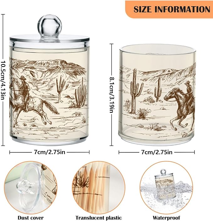 2 Pack Qtip Holder Organizer Dispenser Western Desert Cowboy Bathroom Storage Canister Cotton Ball Holder Container for Cotton Swabs/Pads/Floss