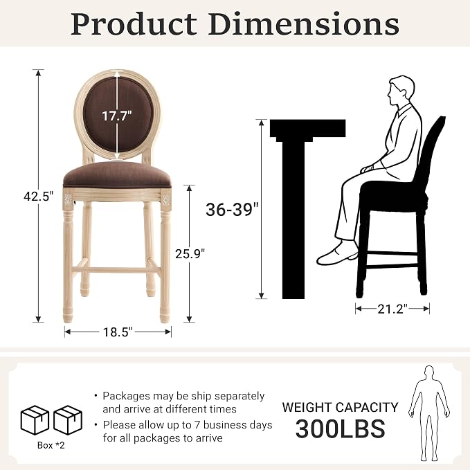 French Country Barstool, Linen Farmhouse Counter Height Chair | Set of 4, with Cushion Round Back and Solid Wood Legs, Oval Chairs for Restaurant, Bar, Kitchen, Café, Brown