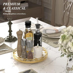 AMH 10-Inch Gold Checkerboard Lazy Susan Vanity Tray with Metal Rail | Smooth rotating oak tray with walnut finish for dining tables, kitchen counters, pantries and cabinet storage.