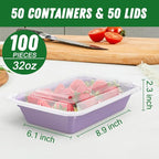 50 Pack (100-Piece) 32 oz Meal Prep Containers with Easy Open Lids, Lilac | Sturdy Leakproof & Food Safe, Microwave, Freezer, Dishwasher Safe Prep Containers, To Go Take Out Plastic Food Storage