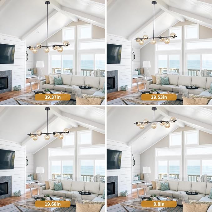 Mid Century Modern Linear Chandelier, 7-Light Black Pendant Light with Amber Glass Globes, Dimmable Kitchen Island Lighting Dining Room Light Fixtures Over Table for Living Room, Entryway & Bedroom