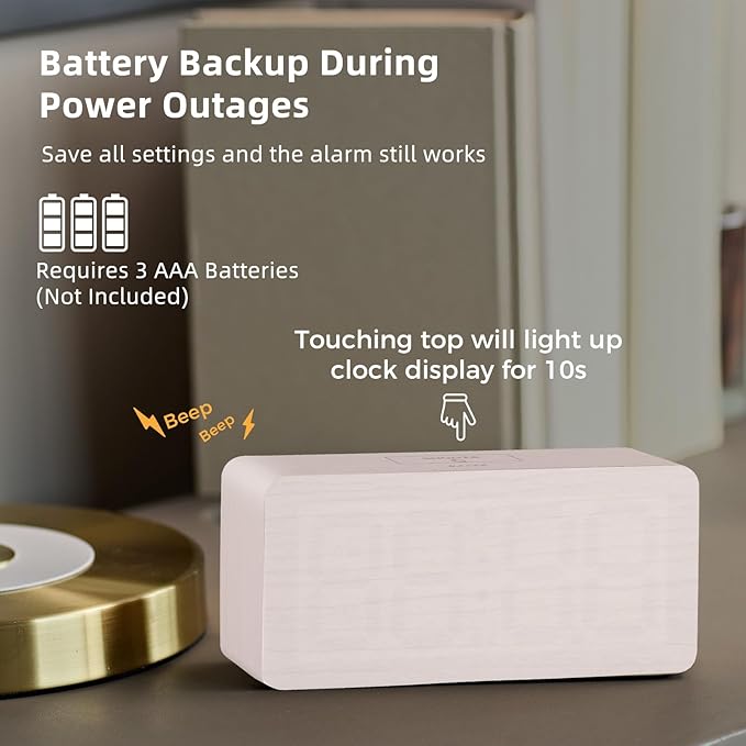 uscce Wooden Digital Alarm Clocks for Bedrooms: Dimmable Dual Alarm Clock with Large Numbers for Bedside Desk - Loud Alarm for Heavy Sleepers with Volume Control - Wood Decor & Gifts