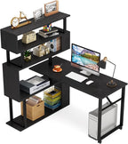 Rotating Computer Desk L-Shaped Office Desk with 5 Shelves Bookcase, Reversible Writing Desk Study Table with Wheels for Home Office, Black