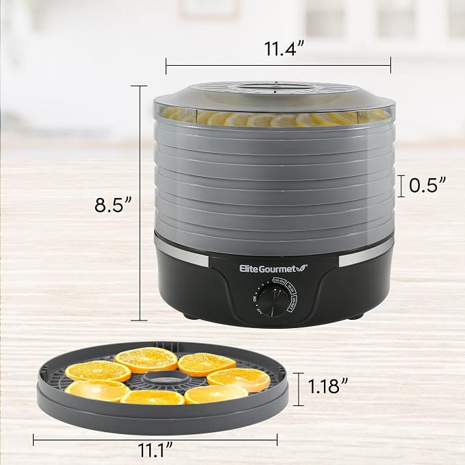 Elite Gourmet EFD319BNG Food Dehydrator, 5 BPA-Free 11.4" Trays, Black/Grey | Adjustable temperature controls - makes jerky, herbs, fruit & veggies into dried snacks - also great for mushrooms