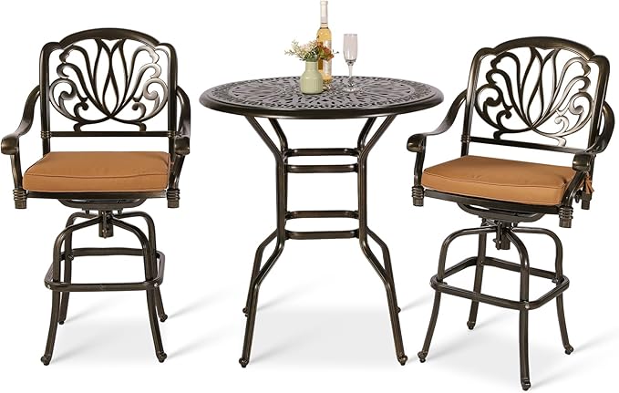 VIVIJASON 3-Piece Patio Swivel Bar Stools Set, All Weather Cast Aluminum Outdoor Bar Height Bistro Set with 2 Cushioned Bar Chairs & 35.4" High Bar Table w/Umbrella Hole for Backyard, Lawn, Garden