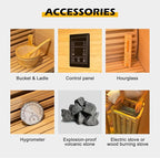 ZONEMEL Wooden Steam Sauna Room, 1 Person Canadian Hemlock Luxurious Indoor Sauna with 3.5 KW Harvia Stove Heater, WiFi Control, Volcanic Rock, Wooden Bucket, Scoop, Reading Light, Hourglass, 220V