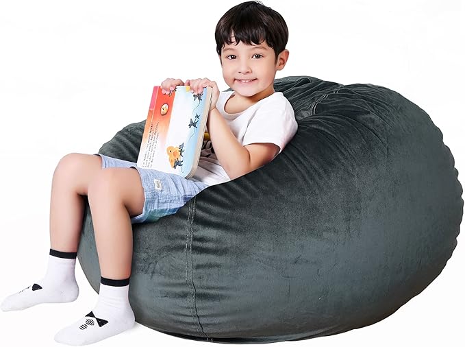 Lukeight Stuffed Animal Storage Bean Bag Chair Cover for Kids, Zipper Beanbag Chair Cover for Organizing Toddler & Kids' Rooms Plush Toys (Dark Gray Velvet, Large)