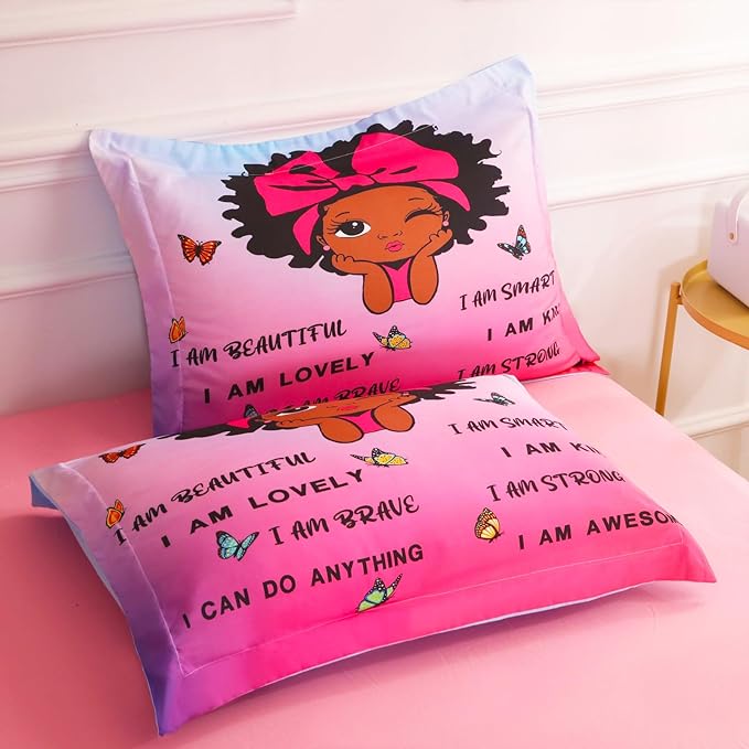 7 Piece Black Girls Magic Comforter Set Twin Size African American Girl Bedding Sets Bed in A Bag for Kids Teens Inspirational Quotes Pink Blue Quilt Room Decor