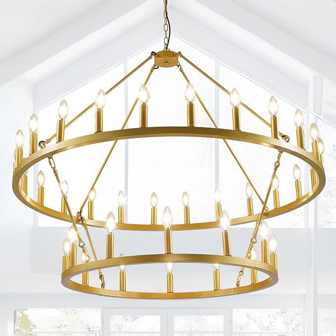 47 Inch Gold Wagon Wheel Chandelier,2 Tier 36-Lights Farmhouse Chandelier for Living Room,Round Rustic Dining Room Light Fixture,Extra Large Foyer Chandeliers for High Ceilings,for Staircase,Entryway