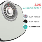 Adamson A25 Scales for Body Weight - Up to 400 LB - 5.3" Dial on 13.77" x 14.17" Platform - Anti-Skid Rubber Surface - High Precision Bathroom Scale Analog - Durable with 20-Year Assurance - Grey
