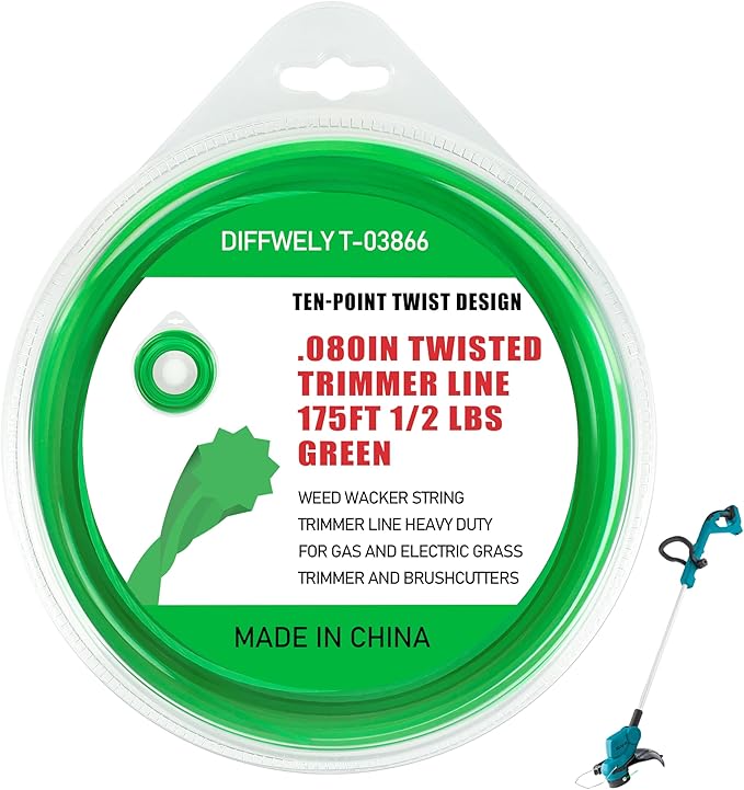 080 Twisted Trimmer Line T-03866 for Makita Gas and Electric Grass Trimmer and Brushcutters,0.080In Weed Wacker String Compatible with Most Cordless Trimmers Standard Models -- Green 175Ft 1/2 lbs