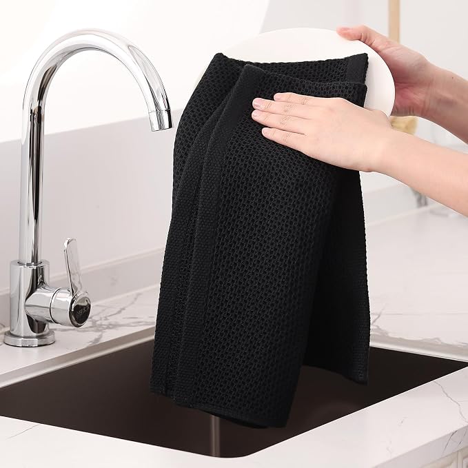 Homaxy 100% Cotton Oversized Waffle Weave Kitchen Towels, 3-Pack, Black | 20 x 28 Inches, Ultra Soft Absorbent Dish Towels, Quick Drying Large Cleaning Towels