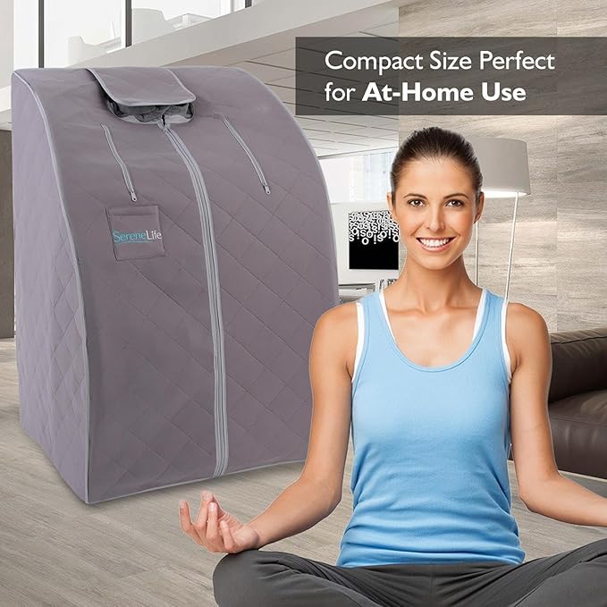 SereneLife Portable Sauna for Home, Infrared Sauna Tent with Heated Foot Pad and Folding Chair, Compact Personal Rejuvenation Sauna, Remote Control In-Home Spa, 38" x 32” - (Gray)