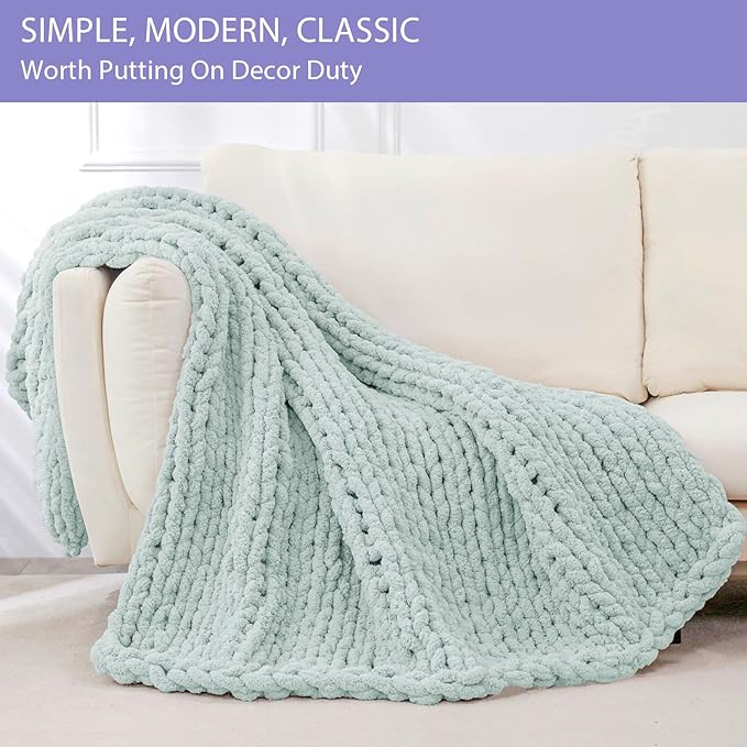 Bigacogo Chunky Knit Throw Blanket for Couch, 40x80 inches, 100% Hand Knitted with Thick Jumbo Chenille Yarn, Cozy Soft Large Rope Knot Cable Crochet Blankets for Sofa Bed Living Room, Mint