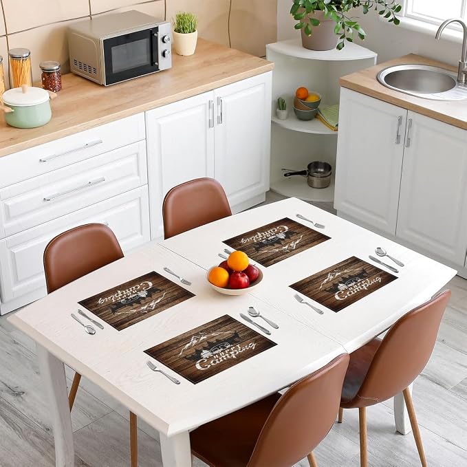 Feelyou Happy Camping Placemat for Kitchen Dining Table 18"x12" Camper Table Place Mats Decor Kids RV Camping Placemats Set of 4 Farmhouse Trailers Camper Indoor Outdoor Decor Table Mats