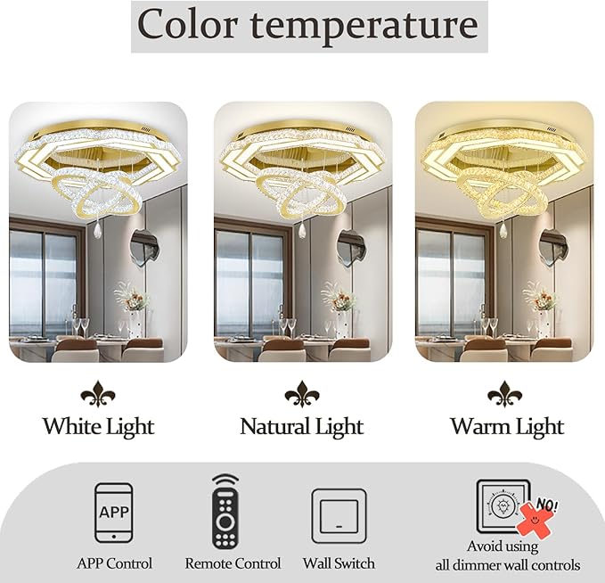 Flashing God Crystal Chandeliers Dia 32" Gold Chandelier Flush Mount Ceiling Light for Bedroom Living Room Dining Room Hallway Dimmable 3 Rings LED Celing Lighting Fixtures