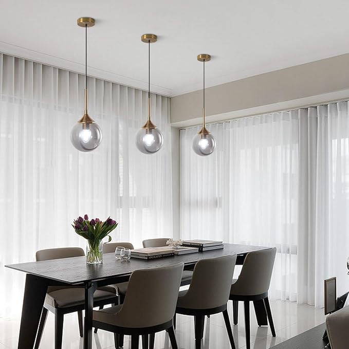 KCO Lighting Modern Small Gold 7.1” Smoke Gray Glass Globe Pendant Light | E26 Adjustable Hanging Lamp for Sloped Ceilings, Mid Century Brass Ceiling Light Fixture for Kitchen Island Sink Dining Table