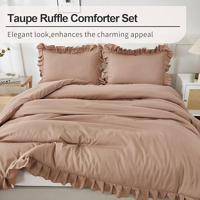 Andency Taupe Queen Comforter Set(90x90Inch), 3 Pieces(1 Ruffle Comforter and 2 Pillowcases) Solid Bedding Comforter Sets for Queen Bed, Lightweight and Fluffy Soft Microfiber Bedding Set