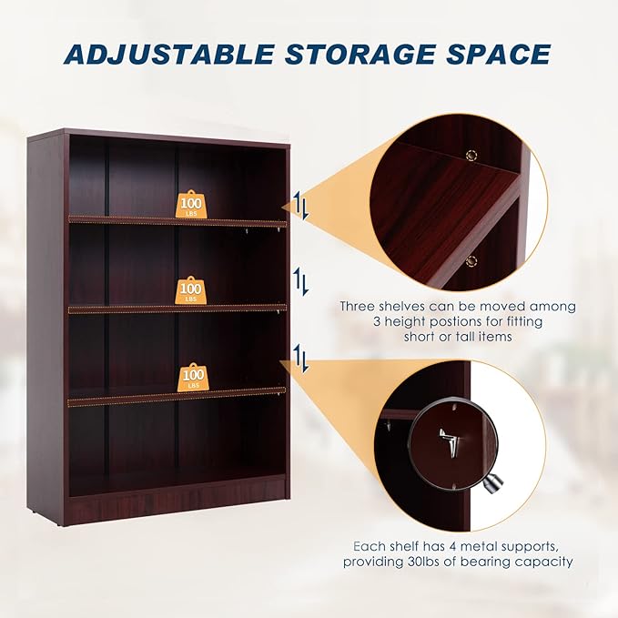 Farini Mahogany Bookshelf for Bedroom 4 Shelf Office Bookcase 48 Inches Tall Modern Wood Bookshelf for Living Room 4 Tier Wide Manga Bookshelf Library Bookcase