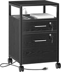 SUPERJARE File Cabinet with Lock & Charging Station, 2 Drawers Rolling Filing Cabinet, Office File Cabinet with Wheels & Open Shelf, for Home Office, A4/Letter Size Files Under Desk - Black