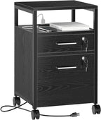 SUPERJARE File Cabinet with Lock & Charging Station, 2 Drawers Rolling Filing Cabinet, Office File Cabinet with Wheels & Open Shelf, for Home Office, A4/Letter Size Files Under Desk - Black