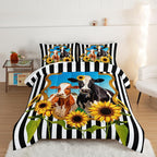 HOSIMA Animal Theme Bedding Set Bull and Cow Comforter with 2 Pillowcases,Black and White Stripes Twin Bed in a Bag Sets for Adults Teens Kids,Sunflower Print Western Bedding Sets.