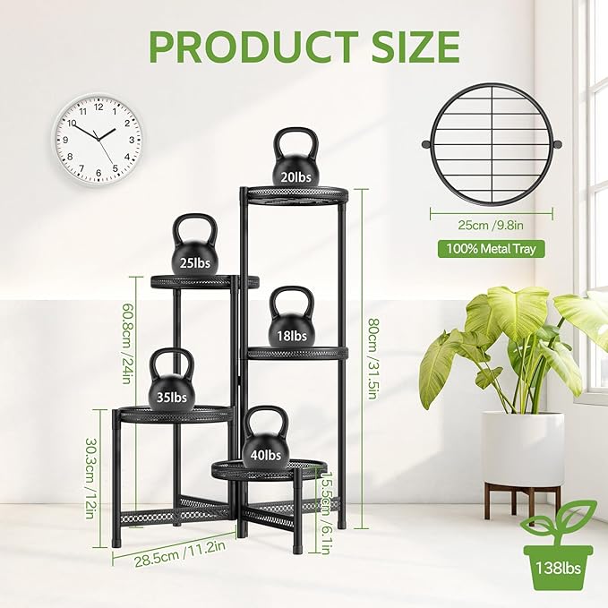 iDavosic.ly 5 Tier Large Plant Stand Indoor with 10-Inch Wide Drainage Tray, Tiered Corner Metal Outdoor Flower Display Holder Shelf, Folding Tall Rack for Patio Porch Balcony, Black Iron Carving