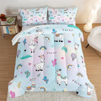 HOSIMA 3 Piece Cartoon Animal Llama Comforter,Cute Alpaca Toddler Comforter,Desert Cactus Plant Full Size Bed in a Bag Set for Adults Kids,Fish Scales Comforter Rainbow Bedding Sets for Girls Boys.