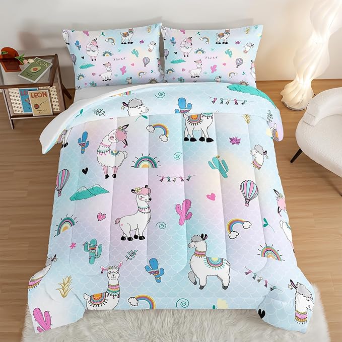 HOSIMA 3 Piece Cartoon Animal Llama Comforter,Cute Alpaca Toddler Comforter,Desert Cactus Plant King Size Comforter Set for Adults Kids,Fish Scales Comforter Rainbow Bedding Sets for Girls Boys.