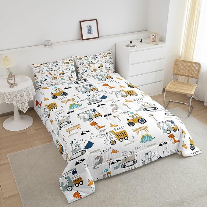 Feelyou Construction Bedding Set Queen Size Equipment Trucks Comforter Set for Kids Boys Girls Decor Dinosaur Comforter 3D Digital Print Yellow Duvet Set Bedroom Quilt Set