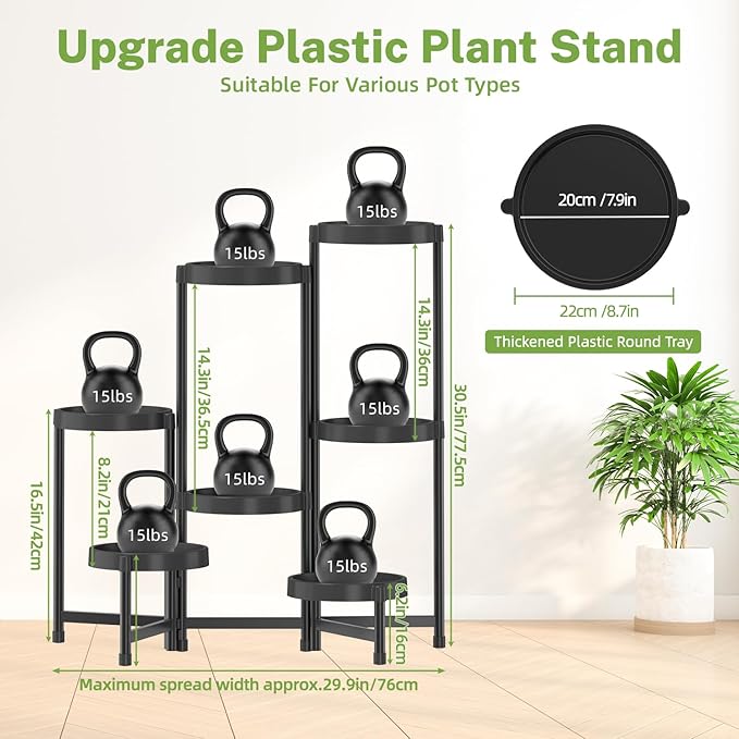 iDavosic.ly 7 Tier Folding Plant Stand Indoor Outdoor with Plastic Tray, Tiered Corner Flower Holder Shelf, Metal Orchid Display Rack for Patio Porch Living Room Garden Balcony, Modern Black