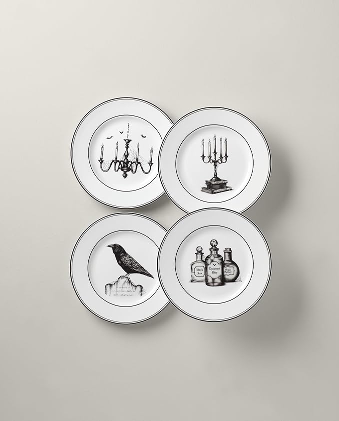 Lenox Dinnerware Set, Vintage Halloween 4-Piece Dessert Plate Set, Assorted, Set of 4 Ivory Porcelain Plates, Dishwasher Safe, Halloween Decor Indoor, Party Table Decorations (Black/White, 4 Piece)