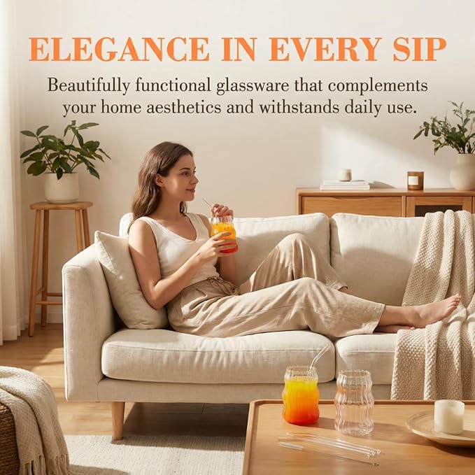 Tebery 4 Pack Cute Drinking Glasses, 16 Oz Ribbed Iced Coffee Cup Tumbler with Straws, Aesthetic Vintage Water Glassware Mug for Cocktail Smoothie Juice Beverage Milk Tea