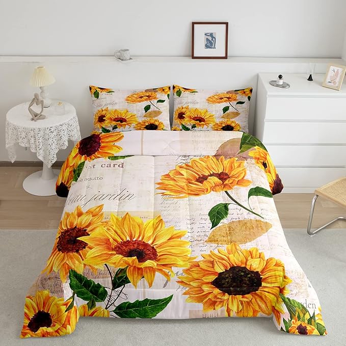Vintage Sunflowers Comforter Full Size Yellow Floral Bedding Sets Girls Child Youth Tropical Sunflower Print Down Comforter Old Fashioned Quilt Flower Blossoms Bedding Comforter Set Nature Theme