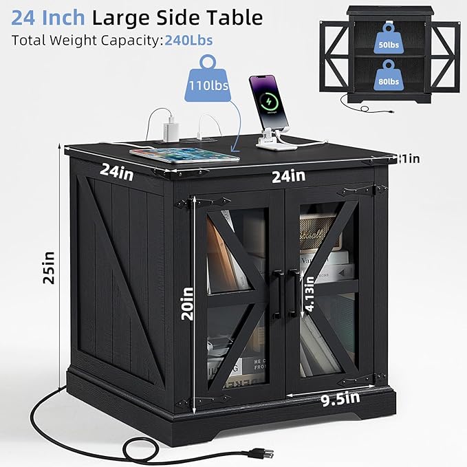 24" End Table with Charging Station, Farmhouse Night Stand with Glass Barn Door, Black Nightstands with Adjustable Storage Shelf, Large Wood Square Bed Side Table for Living Room,Bedroom