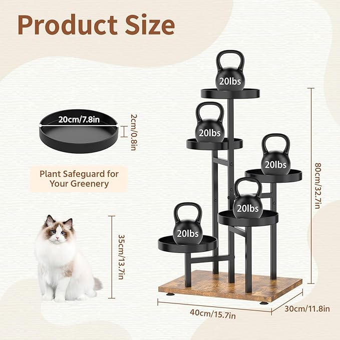 LASZOLA 6 Tier Black Plant Stand Indoor for Large Tall Heavy Duty Planter, Modern Mid Century Metal and Wooden Rack for Narrow House Bathroom Corner Floor, Vertical Spiral Orchid Organizer, Cat Proof