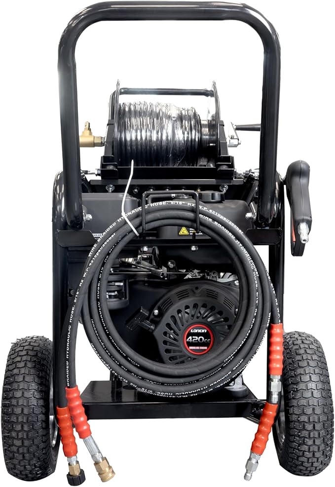 Canpump 2-in-1 Gas Pressure Washer & Sewer Jetter – 3400 PSI, 5.7 GPM, 420cc Loncin Engine – Triplex Pump w/Extended Bypass Unloader – 100 ft Hose Reel, Foot Valve, Spray Gun, Wand, Hose, Nozzles