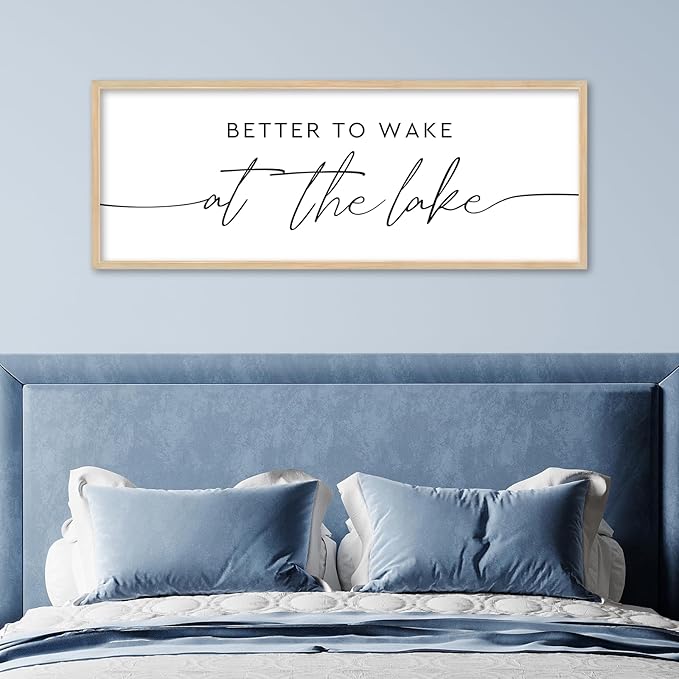 SRSZHIYUE Better To Wake At The Lake Wall Decor Above Bed Sign 32"×12" for Lake House Bedroom Over Bed Large Wood Framed Wall Hanging Art (Wood)