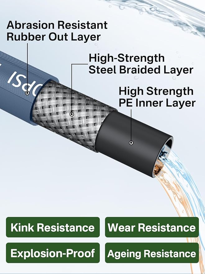 3/8" 4800PSI Pressure Washer Hose 100FT with Swivel Quick Connect for Cold/Hot Water Max 248°F, Kink Resistant Steel Wire Braided, Wear Resistant Power Washer Hose with M22 14mm Adapter