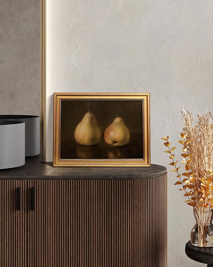 HUARCEY Gold Framed Vintage Wall Art for Living Room, Pear Fruits Painting Prints Shelf Decor for Kitchen, Aesthetic Bedroom Wall Art Decor, Christmas Gift for Friends or Family (Two Pears 12"x16")