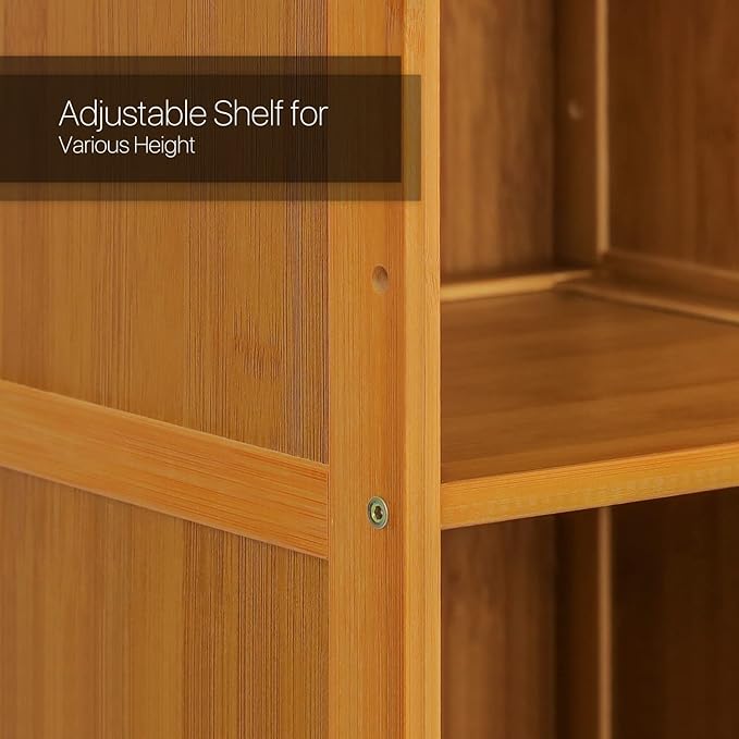 MoNiBloom 5 Tiers Bookshelf Bookcase with Door, Bamboo Narrow Freestanding Cabinet Kitchen Shelf Cupboard Storage Organizer for Home Living Room, Brown