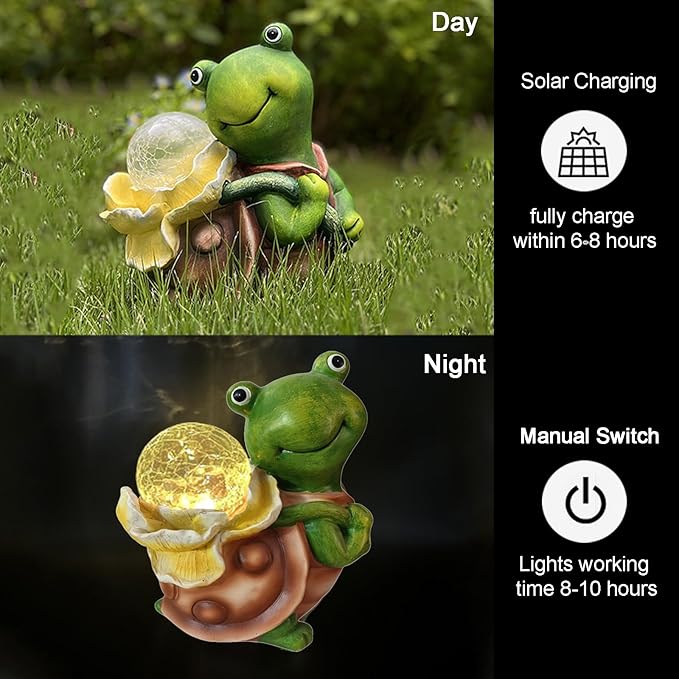 Solar Garden Turtle Statue with LED Light Decorative Cute Turtle Carrying Lantern Design Outdoor Lawn Ornament(Yellow Flower)